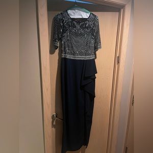 Adrianna Papell Beaded Cascading Ruffle Gown in Midnight Blue